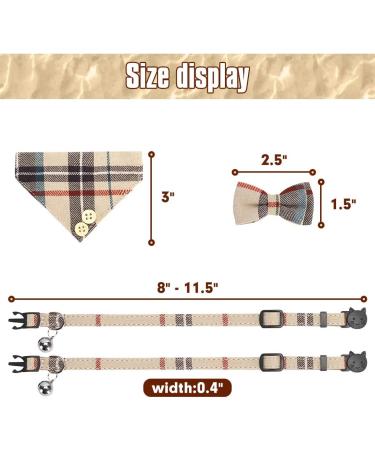 Classic Plaid Bow Tie Cat Collar with Bell - 2 Pack Adjustable Collars for Cats and Small Dogs - Beige Plaid Design - Buy Online on GoSupps.com