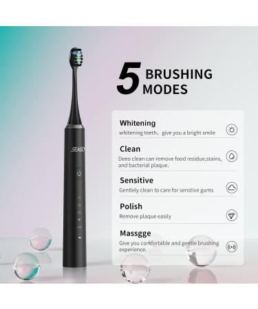 Seago S2 Electric Toothbrush - 10 Brush Heads 5 Modes Timer & Holder for Adults & Kids - Rechargeable Sound Toothbrush (Black) - Buy Online on GoSupps.com