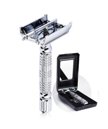 BAILI Butterfly Open TTO Double Edge Metal Safety Razor Wet Shaving Kit for Men Women with Platinum Blade and Mirrored Travel Case BD179 Silver