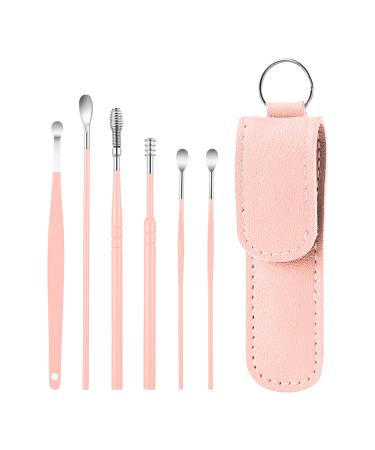 6 Pcs Ear Wax Removal Kit | Ear Cleaner | Earwax Removal Kit | Ear Cleaning Tool | Stainless Steel Ear Picker with Leather Storage Box for Adults and Kids Pink
