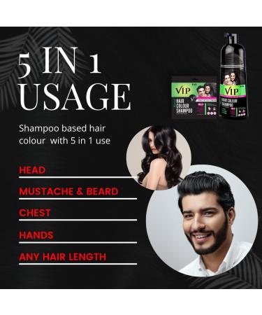 VIP 5 in 1 Ammonia-Free Hair Color Shampoo - Instant Black Color for Hair Mustache Beard & More - 400ml + 2 Sachets - International Shipping - Buy Online on GoSupps.com