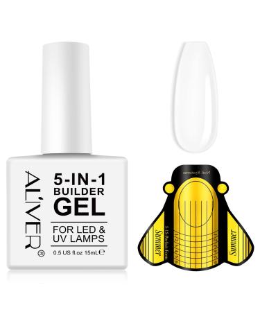 Builder Gel - 5 in 1 Builder Gel in a Bottle Base Strengthening Gel UV/LED Nail Polish Nail Extensions Broken Nails Repair Nail Art Decoration with 20pcs Nail Forms 15ML (White)