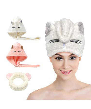 Hair Drying Towel wrap with cat Ear,Microfiber Hair Towel Quick Drying Hair for Women and Kid Girls ,Super Absorbent Quick Dry Bath Shower Dry Head Turban with Button