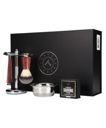 Complete Safety Razor Kit - Includes Mahogany Wood Safety Razor Closed Comb Double Edge Razor Safety Razor Stand Mahogany Shaving Brush Organic Soap Shaving Bowl Shaving Kit For Men Great Gift