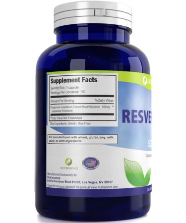 Resveratrol 500mg Capsules - Nutrissence - 180 Count (90 x 1000mg Servings or 60 x 1500mg Servings) - Buy Online on GoSupps.com