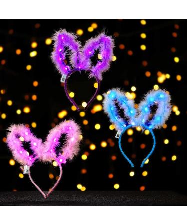 GENBREE LED Bunny Ear Headband Light Up Feather Rabbit Ear Hair Hoop Glowing Headband Headdress Cosplay Hair Bands Party Costume Christmas Head Accessories for Women(Pack of 3)