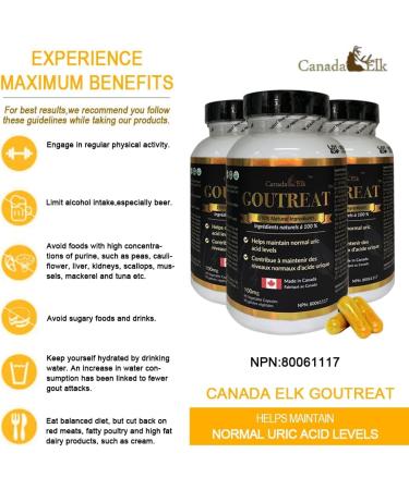 Canada Elk Goutreat - Canada's #1 Uric Acid Cleanser Relieve the Pain and Inflammation Associated with Gout and Arthritis 12 Natural Proven Ingredients 270 Veggie Capsules - Buy Online on GoSupps.com