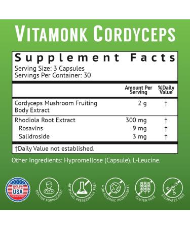 VitaMonk Cordyceps Mushroom Capsules with Rhodiola 2 Grams of Cordyceps Mushroom Enhanced with Rhodiola - Boost Energy Fight Stress Enhance Performance Non-GMO - 2000mg - 90 Caps - Buy Online on GoSupps.com