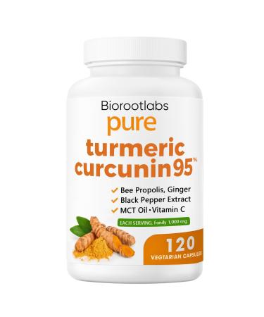Biorootlabs Turmeric Curcumin Supplement 1000mg 95% Curcuminoids with Ginger Bee Propolis Black Pepper MCT Oil High Absorption Formula for Wellness & Immune Support 120 Capsules(1)