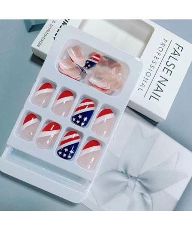 4th of July Short Square French Tip Press on Nails - Patriotic American Flag Design, 24 pcs - Buy Online on GoSupps.com