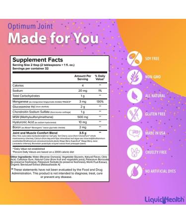 LIQUIDHEALTH Optimum Joint Support Supplement with Glucosamine Chondroitin MSM Hyaluronic Acid - Triple Strength Liquid Vitamins Gluten-Free Dairy-Free Soy-Free Joint Juice Made in USA (32 oz) Melon Berry 32 Fl Oz (P  - Buy Online on GoSupps.com