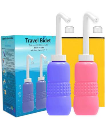 Upside Down Peri Bottle for Postpartum Care Portable Bidet Bottle with Travel Bag Handheld Perineal Sprayer Reusable Douche Bottle for Women Men Baby Personal Hygiene 450ml-2Pack (Blue+Pink)