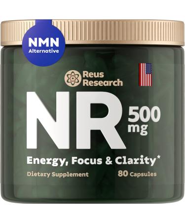 NMN Alternative - NAD+ Supplement Nicotinamide Riboside w/Resveratrol & Quercetin - High Purity Energy Supplement for Memory Focus Immune Support by Reus Research - 80 Capsules 80 Count (Pack of 1) Green