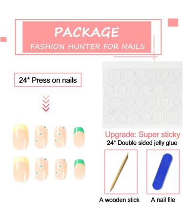 24Pcs Short French Green Press on Nails with Glue - Elegant Square False Nails for Women & Girls | Glossy Acrylic, Full Cover Stick on Nails - Style 7 - Buy Online on GoSupps.com