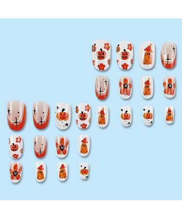 Shop Halloween Nails | 24PCS Press-On Fake Nails - Short Almond Shape with Pumpkin Ghost & Flower Designs - Perfect for Women & Girls - Buy Online on GoSupps.com