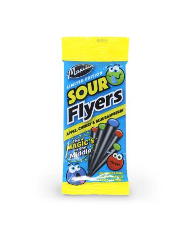 Maxilin Limited Edition Sour Liquorice Flyers Bag - 75g - Liquorice sticks filled with sour fruit flavoured crystallised sugar centres
