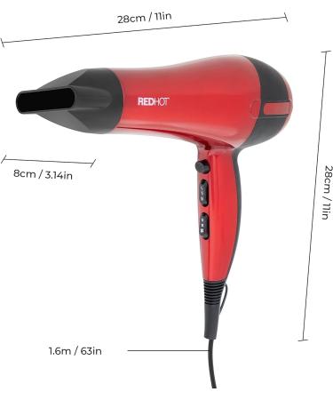Red Hot 37060 2200W Professional Hair Dryer with Removable Nozzle - Salon Quality, 3 Heat Settings, 2 Speed Settings, Cool Air Mode - Red Coloured - Buy Online on GoSupps.com