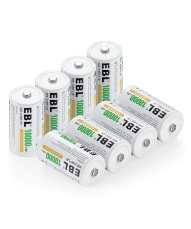 EBL Pack of 8 10000mAh Ni-MH D Cells Rechargeable Batteries, Battery Case Included D 8 Pack
