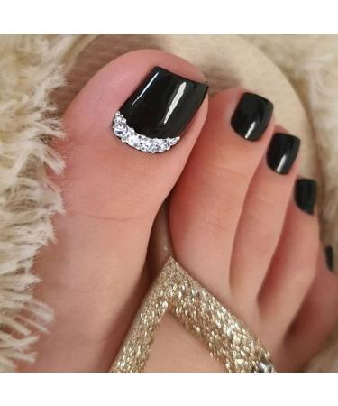 VOTACOS Short Square Press On Toe Nails - Black French Tip with Rhinestones | 24PCS Full Cover Glossy Acrylic Toe Nails for Women - Buy Online on GoSupps.com