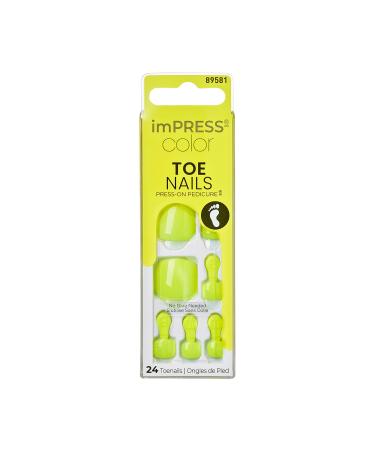 KISS imPRESS Color No Glue Pedi Press-On Toenails Light Lime Neon Color Squoval Shape Includes 24 Nails Prep Pad 1 Manicure Stick 1 Mini File Bubbly