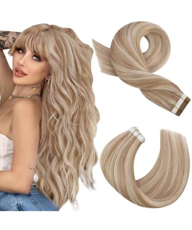 Moresoo Tape Extensions Real Hair Blond 12 inch #P14/613 Caramel blonde highlighted with platinum blonde hair extension real hair tapes silky just invisible tape extensions 20 pieces/pack 30 grams 30 cm 1. #p14/613