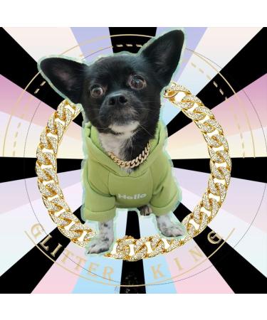 Gold Dog Collar puppy Zircon 14mm Cuban Link Chain 16" Handmade Iced out Diamond Exaggerated Clasp Full Cz Prong Set Pet Jewelry - Buy Online on GoSupps.com