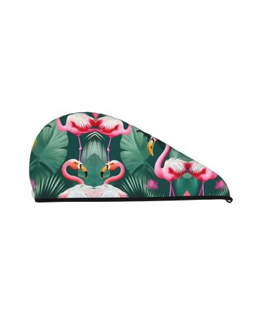 Palm Leaf and Flamingos Couple Coral Velvet Dry Hair Cap Caps with Buttons for Drying Curly Long & Thick Hair Anti Frizz