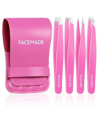 FACEMADE 4 Pack Tweezers Set Rose Red