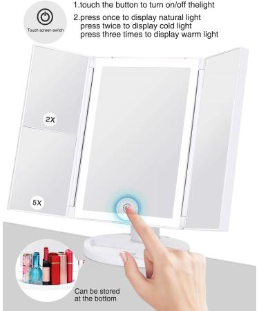 Large Tri-Fold Makeup Vanity Mirror with Lights - 72 LED, 3 Color Lighting, 1x 2X 5X 10x Magnification, Touch Screen Switch - Dual Power Supply - Marble - Buy Online on GoSupps.com