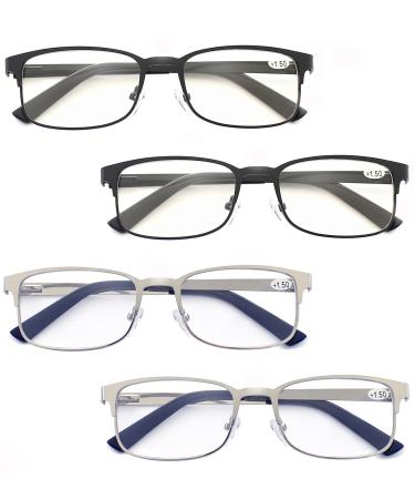 Mens Reading Glasses 4 Pack Readers for Men Comfort Reader Rectangle Metal Stainless Steel Eyeglasses with Flexible Spring Hinge in Black Silver Color 2 Black + 2 Silver 2.0 x