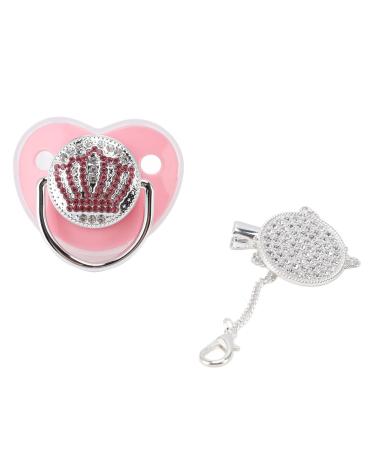 Hyuduo baby pacifier with a glittering rhinestone crown ultra-shallow silicone BPA-free M size safe stylish with crystal-clear appeal for oral development including chain clip pink