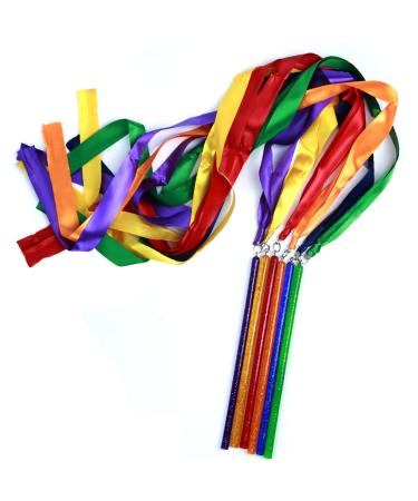GSI Multicolor Sparkling Gymnastic Ribbon Wands 6 Pack with 9 inch Stick and 1 Meter Ribbon for Gym Training Circus Dance Baton Twirling Dancing Streamers (Pack of 6)