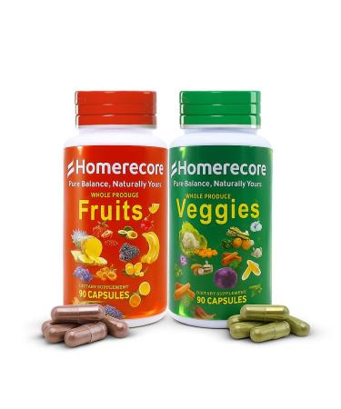 HOMERECORE Whole Food Fruits & Veggies Supplement Plant-Based Vegan Gluten-Free Soy-Free No Fillers Natural Superfoods Boost Energy & Immune System for Men & Women 90 Fruit & 90 Veggie Capsules