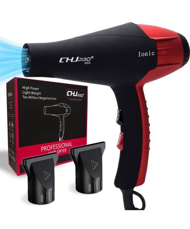 Professional Ionic Salon Hair Dryer Professional 2100W Blow Dryer Powerful Ceramic Tourmaline Quick Drying Lightweight Travel Hairdryers for Normal & Curly Hair Includes 2 Concentrator Black-red