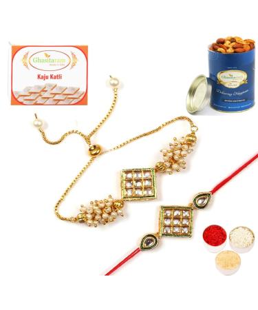 Ghasitaram Gifts Rakhis Online - Rakhi for Brother-RT- GR- Stone Bhaiya Bhabhi Rakhi with 100 GMS of Dryfruits Mix Can 200 GMS of Kaju katli Rakhi Set & 100g Dryfruits Mix Can 200g Kaju katli