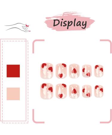 24Pcs Red Heart Short Square Press On False Nails | Full Cover Acrylic Tips for Women Decoration - Buy Online on GoSupps.com