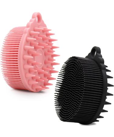 2 PCS Silicone Body Scrubber for Use in Shower  2 in 1 Silicone Bath and Shampoo Brush  Silicone Loofah  Exfoliating Body Brush  Head Scrubber  Scalp Massager  Easy to Clean Hangable (Pink&Black)