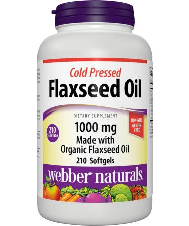 Webber Naturals Cold Pressed Flaxseed Oil 1000 mg, 210 Softgels, Plant Source Omega-3, Supports Heart, Brain, Joint, and Immune Health, Gluten and Dairy Free