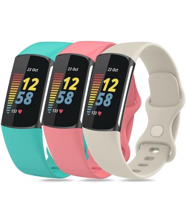 [3 Pack] BNBIDEN Sport Bands Compatible with Fitbit Charge 5 Bands Women Men, Adjustable Soft Silicone Charge 5 Wristband Strap for Fitbit Charge 5 (Pink+Lunar White+Teal, Large(7.1-9.1inch)) Pink+Lunar White+Teal Large(7.…