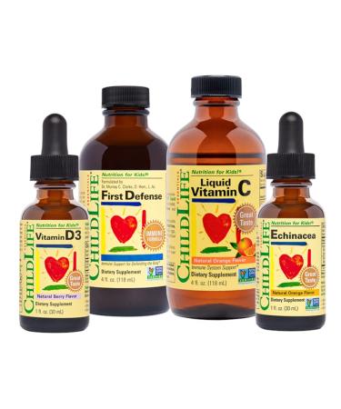 ChildLife Essentials Immune Support 4-Pack for Infants, Babies, Kids, and Toddlers - Vitamin D3 Natural Berry Drops, Liquid Vitamin C Natural Orange, Echinacea Natural Orange, and First Defense