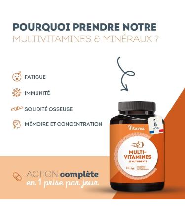 Multivitamins and Minerals | 25 Nutrients Including Vitamin A B C D E Zinc and Iron | 180 Tablets | Immunity Fatigue Hair Skin | Multivitamins for Men and Women | Made in France | Vitavea - Buy Online on GoSupps.com