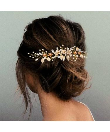 Flower Bride Wedding Hair Comb with Rhinestones and Pearls - B Gold - Buy Online on GoSupps.com