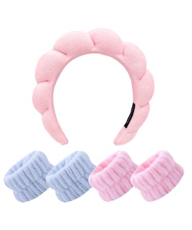 MOODKEY Sponge Spa Headband for Washing Face Women Makeup Headband Sponge & Terry Towel Cloth Hair Band Hair Accessories for Skincare Makeup Removal Yoga Sports Shower with 4Pcs Wristbands (pink) Pink Sponge Spa Headband
