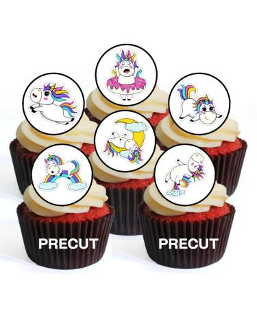 PRECUT Cute Unicorns Edible Cupcake Toppers - Unicorns Theme Premium Thickness SWEETENED VANILLA - wafer card disc cake decorations (Pack of 12)