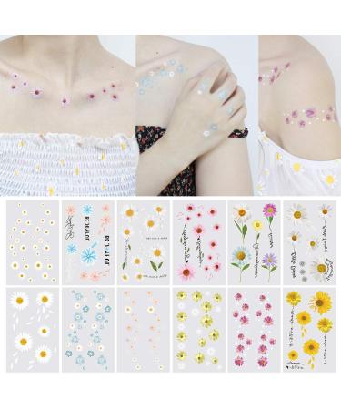 Daisy Flower Temporary Tattoos - 12 Summer Stickers for Women and Girls | Body Art for Arm, Shoulder, Wrist, and Face - Buy Online on GoSupps.com