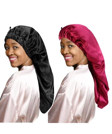 Ladaypoa long satin hair hood girls silky hat 2 pieces women long satin hood sleeping hat to sleep extra large satin sleeping cap unit size black+red