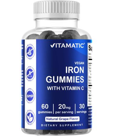 Vitamatic Iron Gummies Supplement for Women & Men - 20mg Serving - 60 Vegan Gummies - Great Tasting Iron Gummy Vitamins with Vitamin C (60 Count (Pack of 1)) 60.0 Servings (Pack of 1)