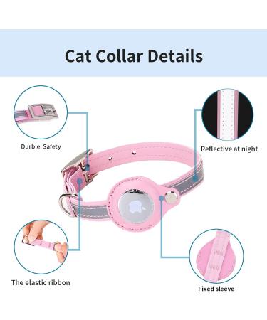 Kocnydey Pink Leather Reflective Airtag Cat Collar - Adjustable Anti-Wing Design with Bell for Small Dogs & Cats (XS 19-26cm) - Buy Online on GoSupps.com