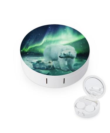 Northern Lights Polar Bear Round Case For Contact Lens Kit Storage Box with Mirror Printed