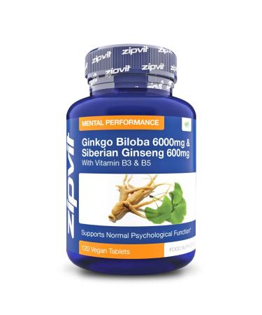 Zipvit Ginkgo Biloba and Siberian Ginseng Standardised Ginkgo 6000mg and Ginseng 600mg with Vitamins B3 and B5. 120 Vegan Tablets for Focus Mental Performance Boost Energy. 4 Months Supply Jar of 120 Tablets